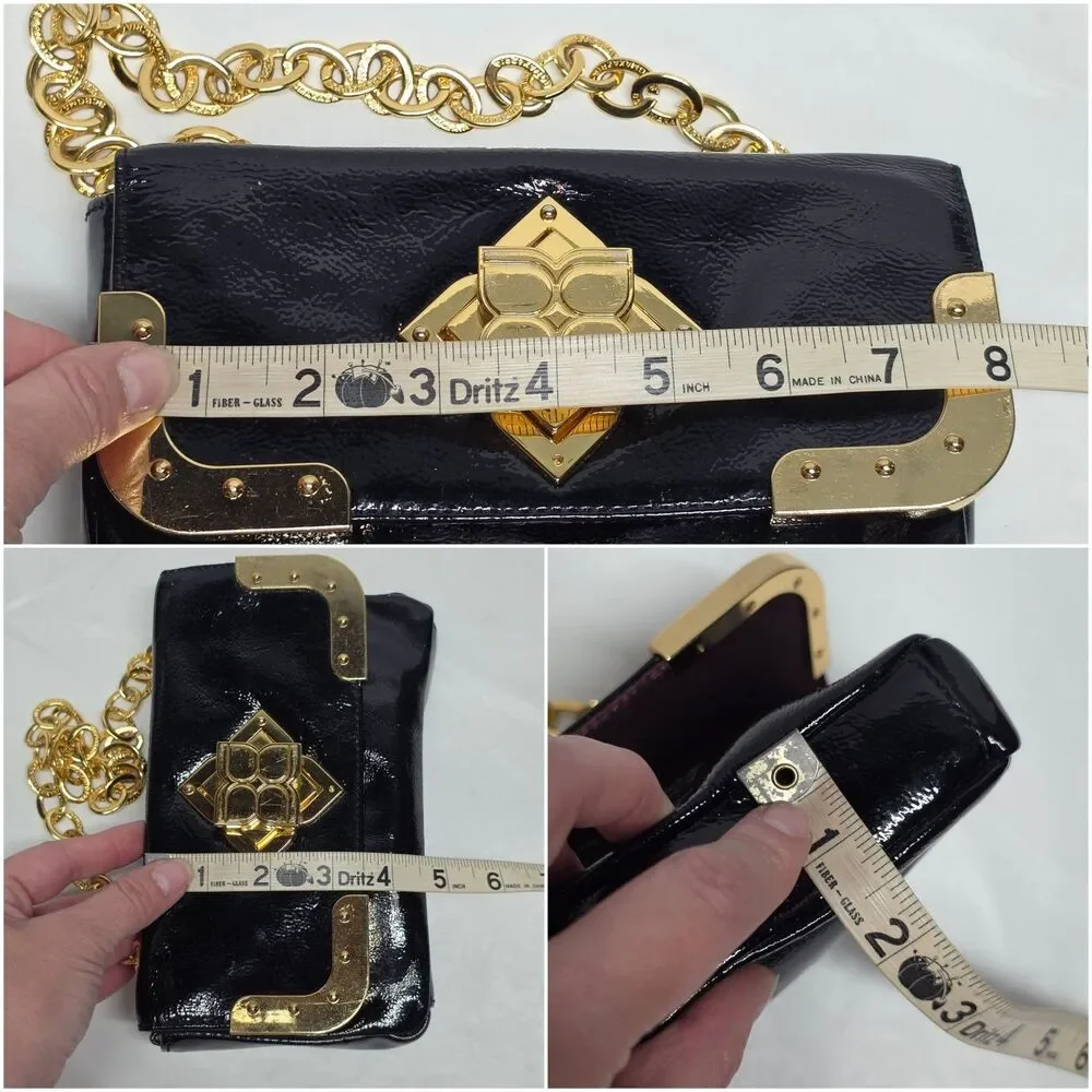 BCBGMaxAzria Black Patent Leather Clutch Evening Bag Gold Hardware Party Prom